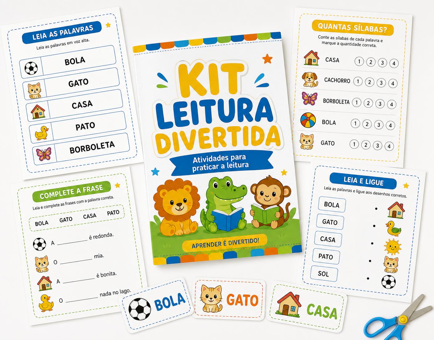 Kit Leitura Divertida impresso: capa, folhas A4 de atividades e cartinhas recortadas